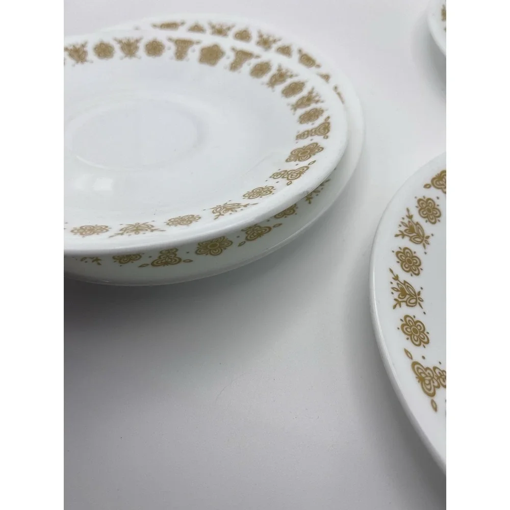 Vintage Corelle Butterfly Gold Teacups Saucers Set 4 Corning Glass White Yellow